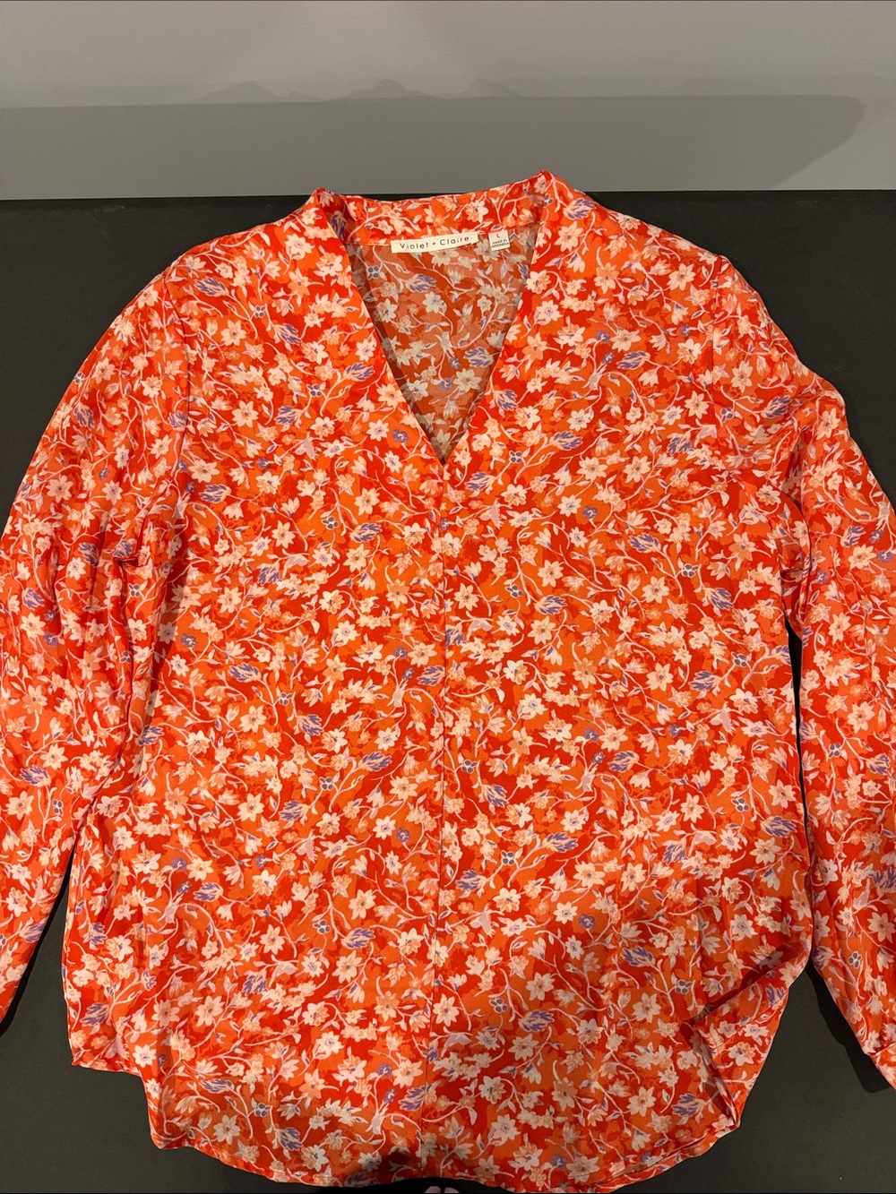 Violet & Claire Orange Floral V-Neck Top with Lavender Accents